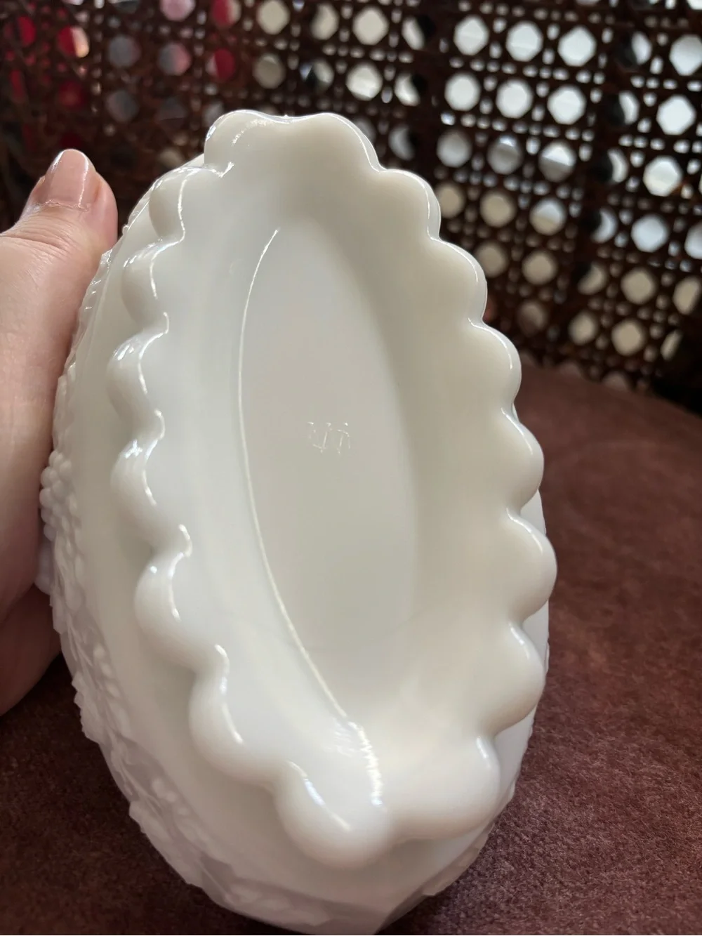 Westmoreland White Milk Glass Scalloped Basket in Paneled Grape Pattern